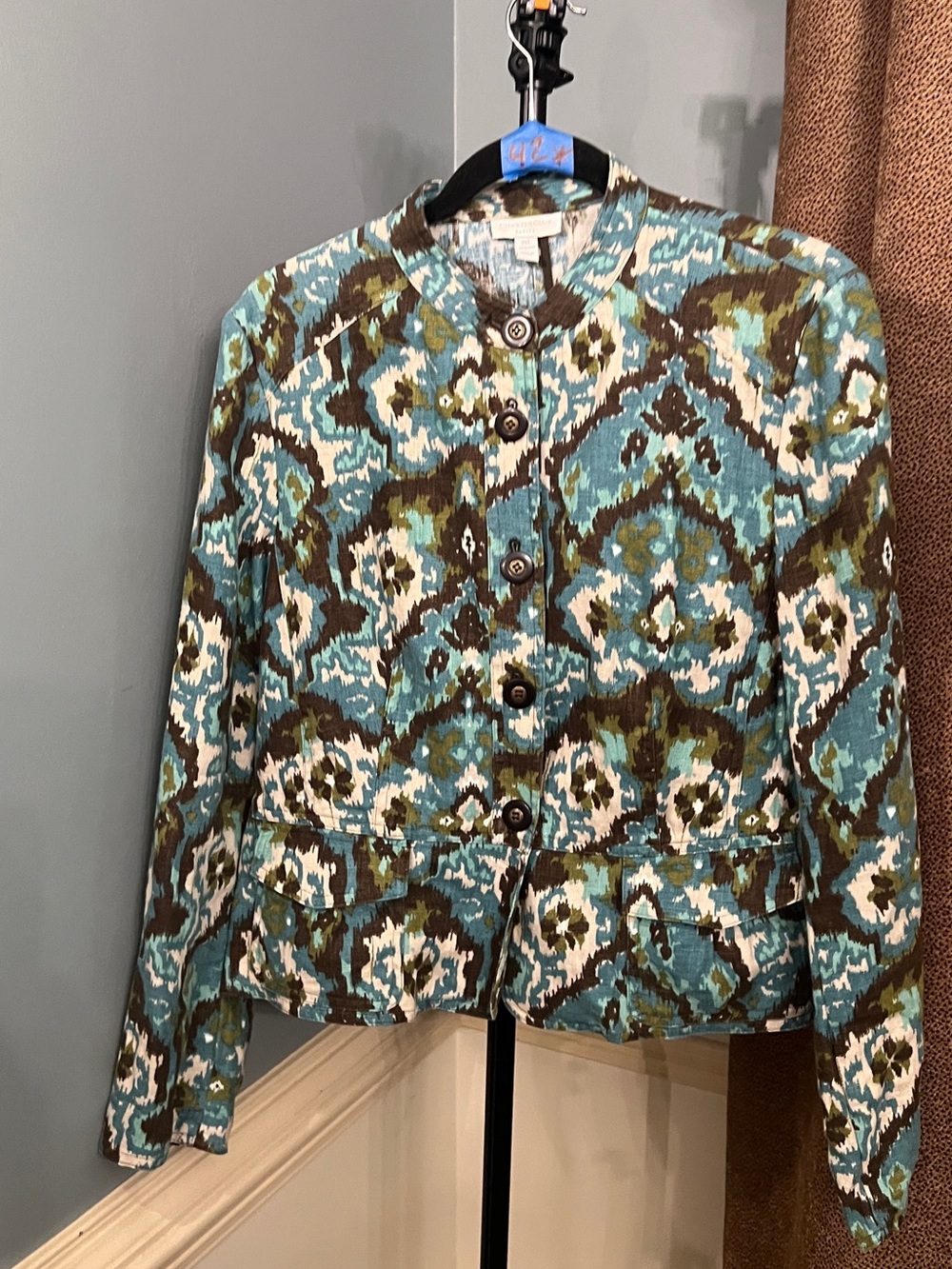 Charter Club Teal & Olive Patterned Button-Front Jacket